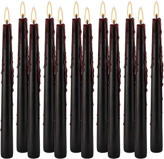 12PCS 10-Inch Black Bleeding Taper Candles,Vampire Tears Taper Candles- Unscented Ideal for Halloween, Christmas, Rituals, and Themed Party Decor