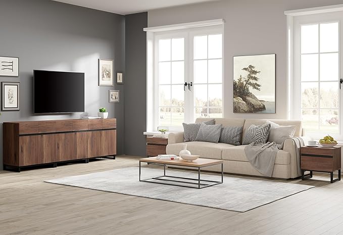 WAMPAT Modern End Table with 2 Drawers, Farmhouse Sofa Table with Black Square Iron Leg, Wood Rustic Side End Table for Living Room, Nighstand for Bedroom, Brown