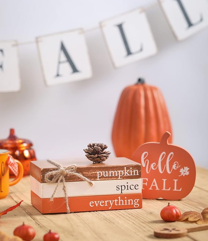 KORMMCO Thanksgiving Fall Wood Book Stack, Fall Thanksgiving Decorations Tiered Tray,Hello Fall Decor, Autumn Mini Faux Decorative,Farmhouse Mini Decorative Books Bundle