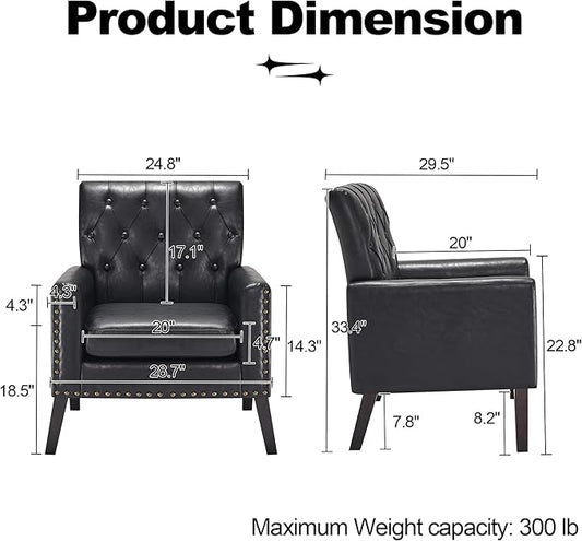 Mid Century Modern Accent Chair, Black Faux Leather Office Chair for Reception - Brown Leather Club Chair for Living Room, Bedroom, or Waiting Room