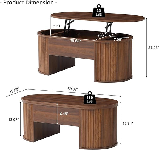 ORRD Lift Top Coffee Table, Fluted Coffee Table with Lifting Top, Wooden Lift Up Dining Table with Hidden Compartment, Center Table for Living Room, Office - Walnut