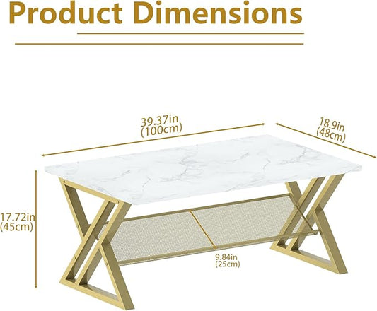 Coffee Table Living Room Table with Storage Shelf, White Table Simple Modern Faux Marble Rectangular Tables with Sturdy Gold Metal Frame,Industrial Wooden Coffee Table for Bedroom Home Office