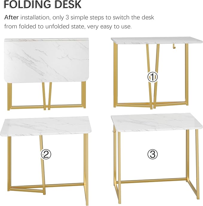 4NM 31.5" Small Folding Desk, Foldable Computer Home Office Desk, Study Writing Table for Small Space Saving Bedroom, Easy Assembly - White and Golden