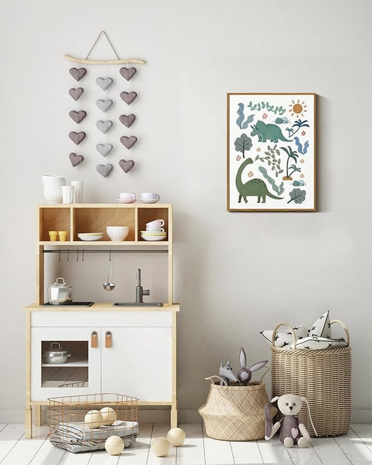 InSimSea Framed Canvas Prints Art Vintage Decor, Green Blue Dino Flower Nursery Animal Painting, Dinosaur Wall Art for Kids Toddler Bedroom Boys Gift Room Small Shelf Decor, 12x16inch