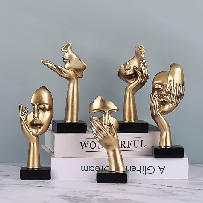 3 Pcs Thinker Small Statue Set - Black Gold Home Decor Abstract Art Figurines for Shelves, Living Room Coffee Table, Office Desktop (3 Pcs Gold, 6")