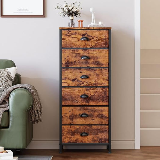 Furnulem Tall Dresser with 6 Drawers,Vertical End Table and Nightstand for Bedroom,Industrial Dorm Bedside Furniture with Fabric Storage Drawer Organizer in Living Room,Closet,Entryway(Rustic Brown)