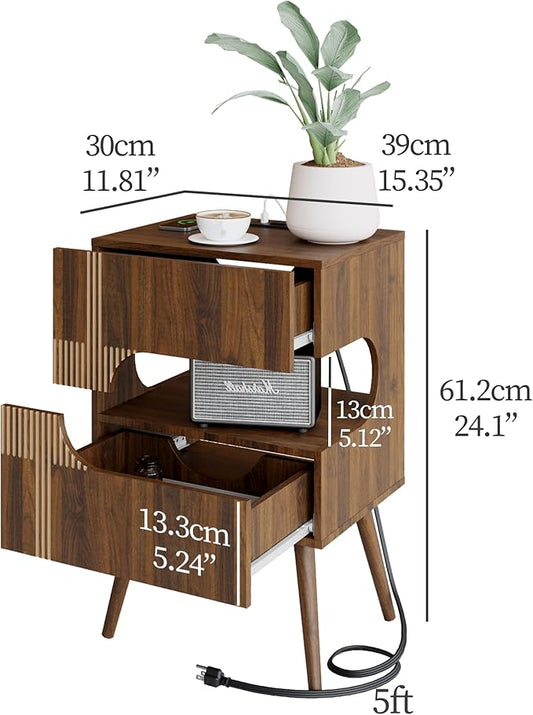 Nightstand with Charging Station and LED Lights,Modern Bedside Table with 2 Storage Drawer,Night Stand with Solid Wood Legs,White (Walnut Brown)