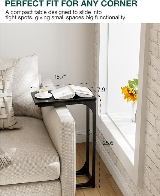 C-Shaped Side Table for Couch - Small Coffee Stand Sofa Tray Desk with Sturdy Metal Frame and Waterproof Scratch Resistant Wood Surface, Modern End Accent for Living Room, Bedroom, Black