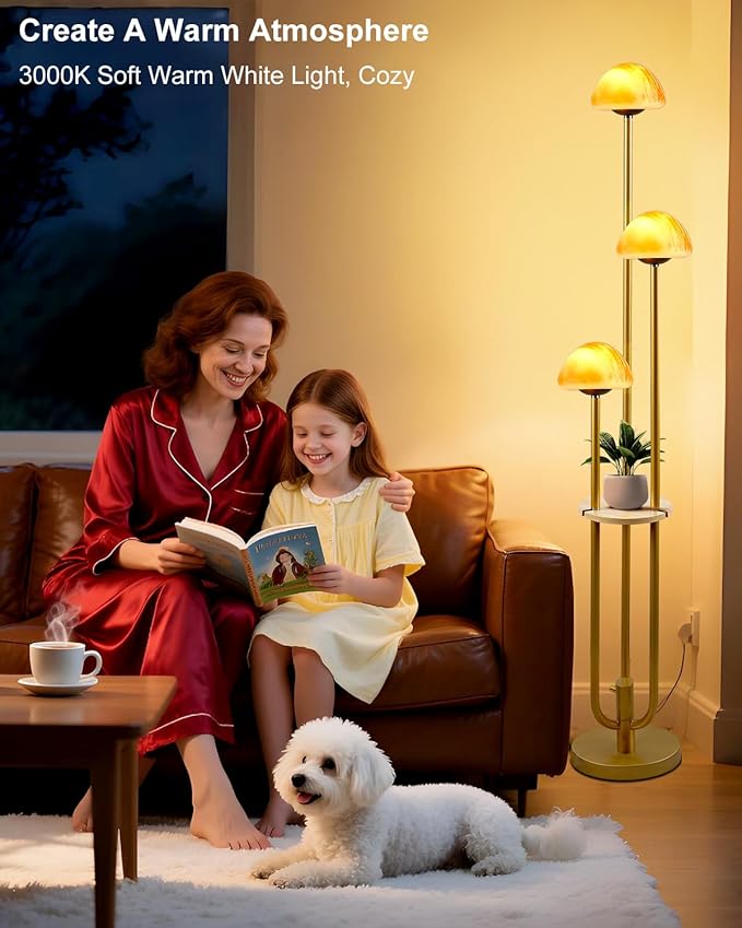 Lightdot Gold Dimmable Floor Lamp with Table, Modern Floor Lamps for Living Room, 3000K Warm Lights Tall Standing Lamp with Mushroom Shades & Bulbs for Bedroom/Office