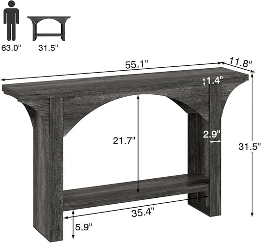 55 Inches Console Table,2 Tier Farmhouse Entryway Table,Narrow Wood Accent Tables with Storage Shelves for Living Room,Entrance,Hallway,Foyer (Gray)