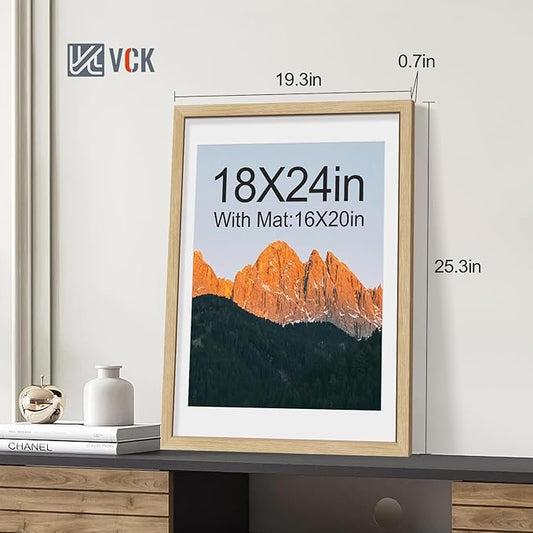 VCK 18x24 Poster Frame 2 Pack - Natural Oak, High-End Wood Picture Frames with Polished Plexiglass, Display 16x20 Photo with Mat or 18x24 without Mat, Art Gallery-Quality, Wall Hanging, Natural Oak