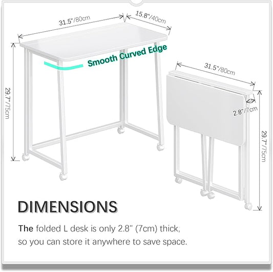 4NM 31.5" Mobile Small Folding Desk, Foldable Rolling Computer Home Office Desk, Study Writing Table for Small Space Saving Bedroom, with Wheels - All White