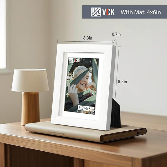 VCK 5x7 White Picture Frame, Wooden Frames Set of 2 with HD Glass, For 4x6 Photos with Mat or 5x7 without Mat, Table Display and Wall Hanging