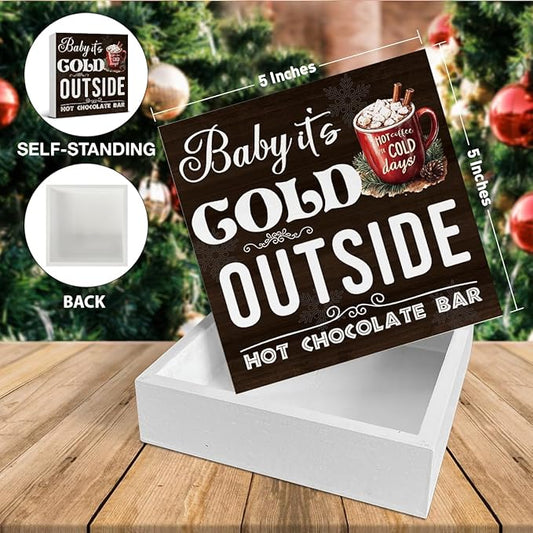 Hot Chocolate Bar Christmas Decorations - Winter Christmas Decor, Hot Cocoa Bar Wooden Sign, Home Kitchen Decor for Desk Table Shelf 5 X 5 Inches