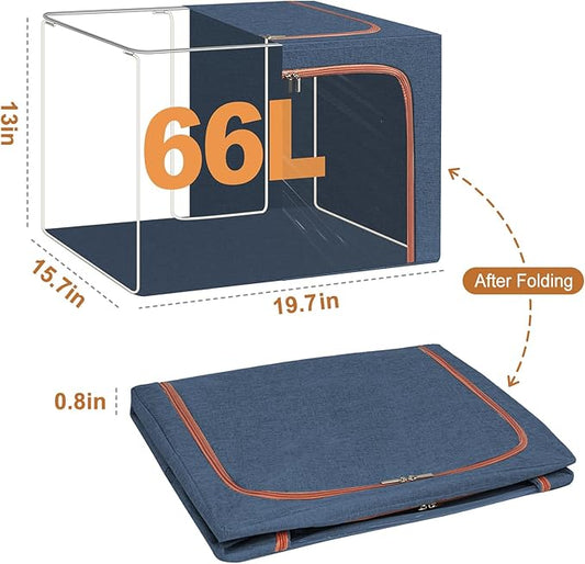 3 Pack Foldable Storage Bins with Metal Frame, Large Capacity Stackable Clothes Organizer with Clear Window & Carry Handles, Linen Fabric Storage Boxes for Closet (Navy Blue, 3PCS-Large-66L)