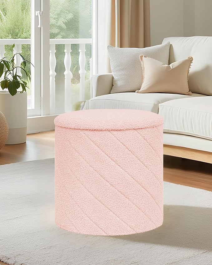 B FSOBEIIALEO Ottoman with Stroage, Boucle Round Storage Ottoman with Tray,Foot Rest Stool for Dorm Room, Living Room Pink, 16.93"x16.93"x17.72"