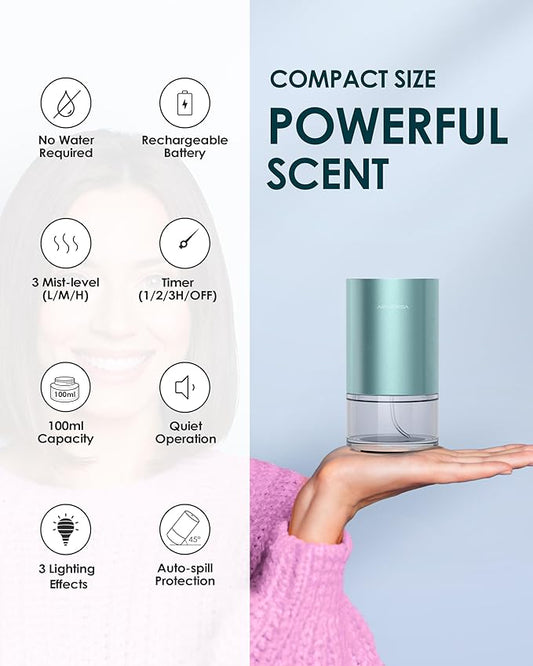 Airversa Essential Oil Diffuser Waterless Aromatherapy Diffusers for Home Large Room, Bedroom, Car, Office, Desk, Battery Operated, Small Diffuser for Pure Scent, 100mL Capacity, AN9 (Mint)