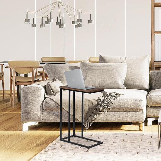 C-Shaped End Table, for Living Room, Bedroom, Small Spaces, TV Tray Couch Side Tables Laptop Table, Rustic Brown and Black