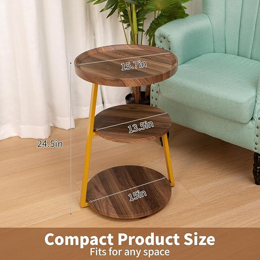 Small Round Side Table, 3-Tier End Table for Living Room, Wooden Nightstand Bedside Tables with Storage Shelf, Circle Accent Table for Bedroom, Office, Apartment (Walnut, Golden Frame)