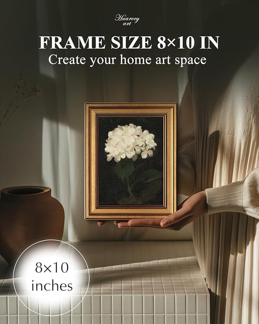 HUARCEY Gold Framed Vintage Wall Art for Living Room, Flowers Painting Canvas Prints Shelf Decor for Kitchen, Aesthetic Bedroom Wall Art, Christmas Gifts for Friends or Family (White Hydrangea 8"x10")