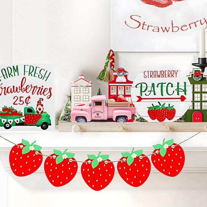 Strawberry Decor 5 Inch Vintage Truck with Mini Fake Strawberries and Wooden Crate Farmhouse Tiered Tray Decor Berry Sweet Summer Kitchen Centerpieces for Tables Strawberry Shortcake Decorations