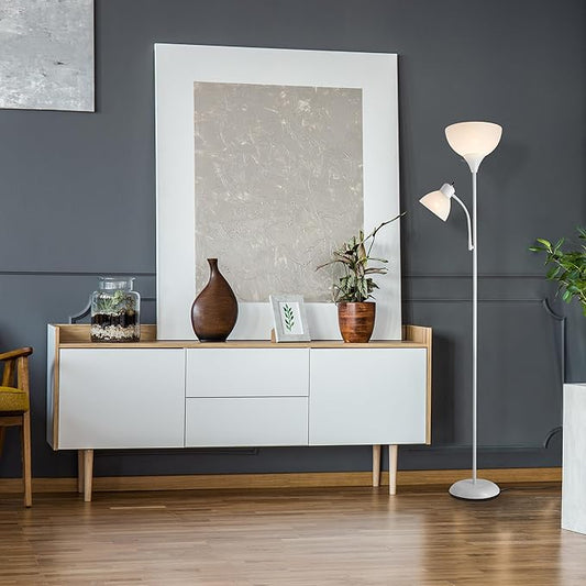 GLOBE Electric 67136 72" Torchiere Floor Lamp with Adjustable Reading Light, Matte White Finish, Frosted Shades, Rotary Switch on Socket, E26 Base (Pack of 2)