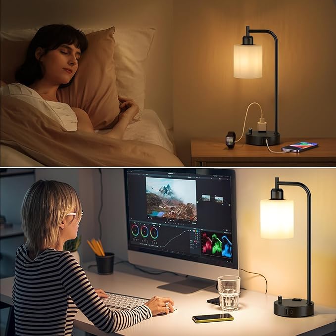 Industrial Bedroom Lamps for Nightstand Set of 2 - Fully Dimmable Bedside Lamps with USB A C Ports and Outlet, Black Table Lamps with Opal Glass Shade for Living Room, Desk Lamps for Office Reading