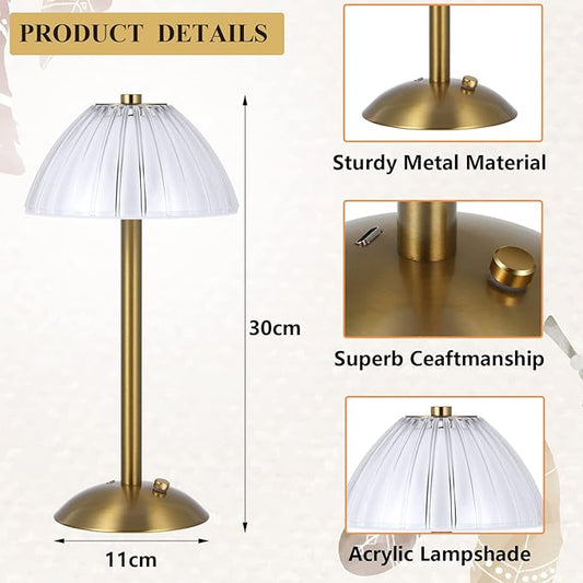 Liliful 1 Pcs LED Portable Cordless Table Lamp Touch Battery Operated Rechargeable Gold Desk Lamp 3 Color Dimmable for Bedroom Living Room Dining (Gold,Mushroom Style)