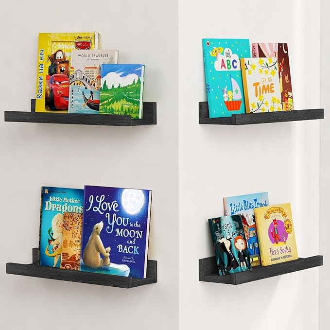 Forbena Black Picture Ledge Shelf, Floating Shelves with Lip for Wall, Small Wall Shelves for Bathroom Bedroom Kitchen Office Living Room Books, Art Pictures, Photo Frame, Plants (4-Pack, Real Wood)