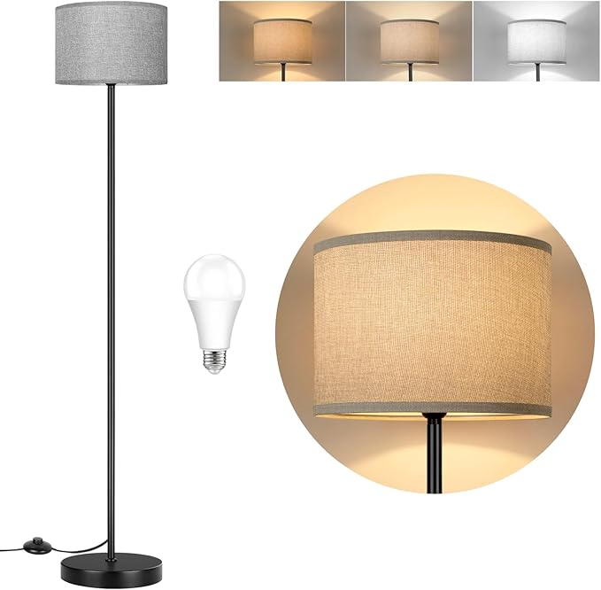 65’’ Tall Floor Lamp for Bedroom, Living Room Pole Floor Light with Grey Shade, Dimmable Standing Floor Lamp with 3-Color Changing LED Bulbs, Simple Design E26 Stand-up Lamp with Foot Switch