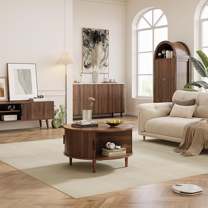 Mid Century Round Coffee Table, Fluted Center Table with Sliding Door, Modern Dining Table with Storage for Home Living Room Office, 31.5", Walnut