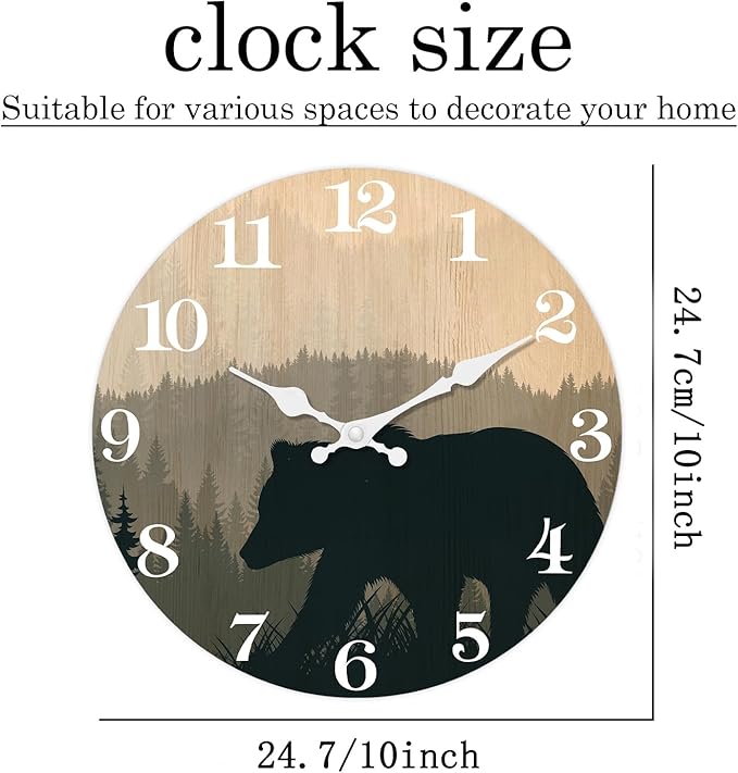 XFM Cabin Bear Wall Clock Battery Operated 10 Inch Silent Wooden Wall Clocks Rustic Farmhouse Wall Clocks for Lodge Living Room Kitchen Office Decor