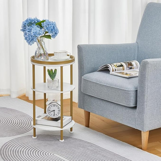 Small Round Side Table, Gold Round End Table with White Shelves, 3-Tier Modern Nightstand for Bedroom & Living Room, 21.7" H Narrow Gold Accent Table for Small Spaces, Dorm, Nursery (White & Gold)