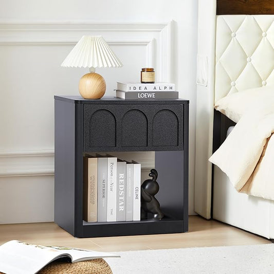 Nightstand Set of 2, 19.69" Wide Bedside Table with Arched Finish, Modern Night Stands with Curved Profile, Mid Century End Table for Bedroom Living Room (Black-2 Packs)