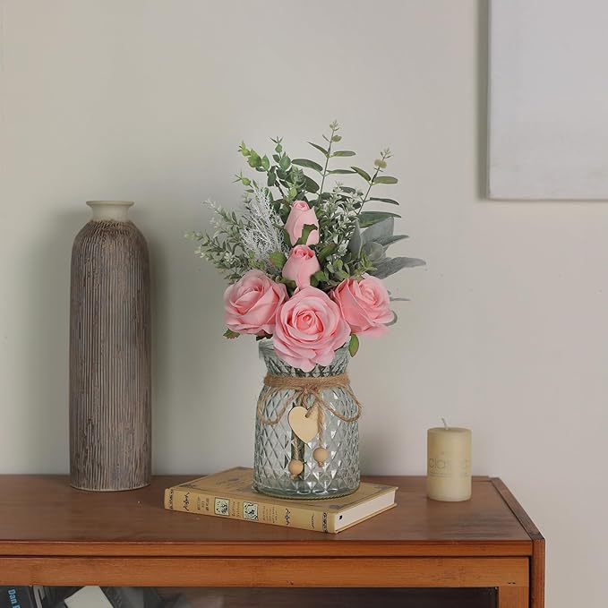 Faux Flowers with Vase,Artificial Silk Roses in Vase, Fake Plant Eucalyptus Flower Arrangement for Home Office Farmhouse Bathroom Dining Table Centerpiece Decorations Coffee Table Decor (Pink)