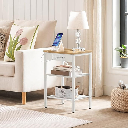 HOOBRO Side Table with Charging Station and USB Ports, Small End Table for Small Space, 3-Tier Nightstand with Adjustable Shelf, for Living Room, Bedroom and Balcony, Natural and White WN112BZ01