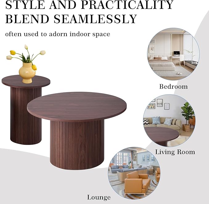 Small Nesting Table Set of 2 Mid Century Modern Wood Round Coffee Tables Boho Circle Side Table for Small Spaces Living Room Comedor Home Office(Walnut)