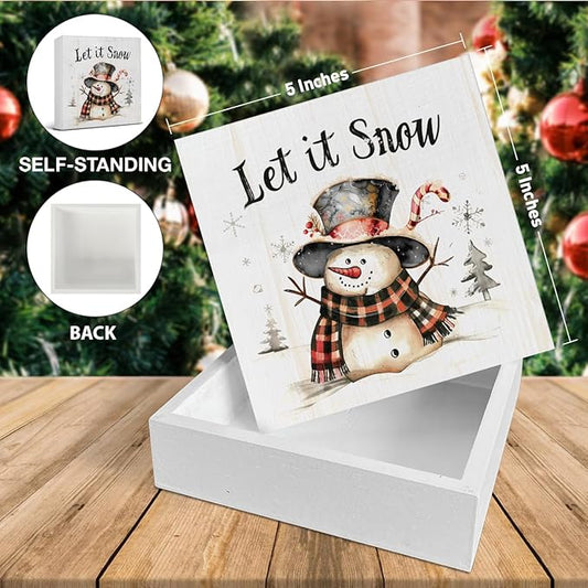 Let It Snow Christmas Decorations - Snowman Decor, Christmas Winter Wooden Sign, Home Decor for Desk Table Shelf 5 X 5 Inches