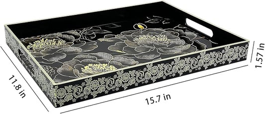 Serving Tray with Handles, 15.7 * 11.8 inches, Plastic Ottoman Tray with Exquisite Paintings, Trays for Coffee Table