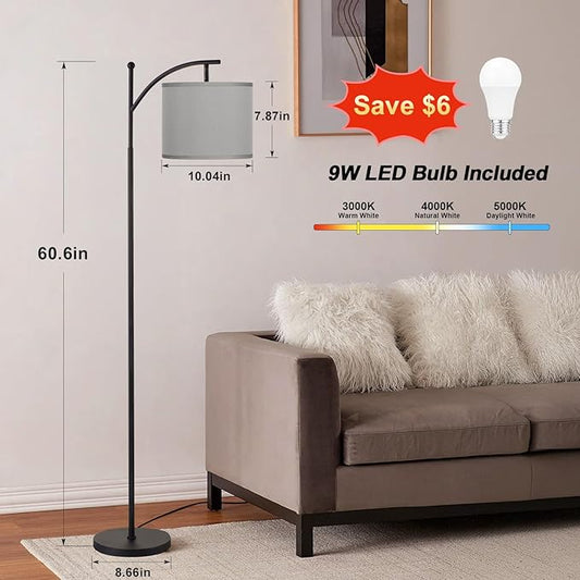 60" Floor Lamps with 3 Color Temperatures, Adjustable Grey Shade with Black Pole, Tall Lamps for Living Room, Bedroom, Office, Classroom, Dorm Room - 9W Bulb Included