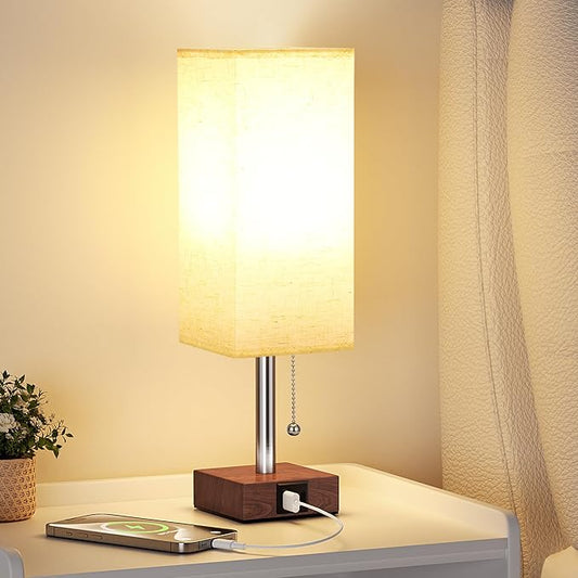 aooshine Red Brown Small Table Lamp for Bedroom - 3 Color Temperature 3000K 5000K 4000K Bedside Lamp, Pull Chain Control, USB A and C Ports, Pure Gold Color Base, Bulb Included