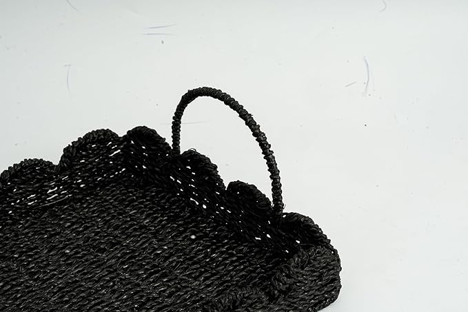 14" Handmade Wicker Tray with Scalloped Edge, Seagrass Basket with Handles, Decorative Boho Accent for Coffee Table or Ottoman, Holiday Serving