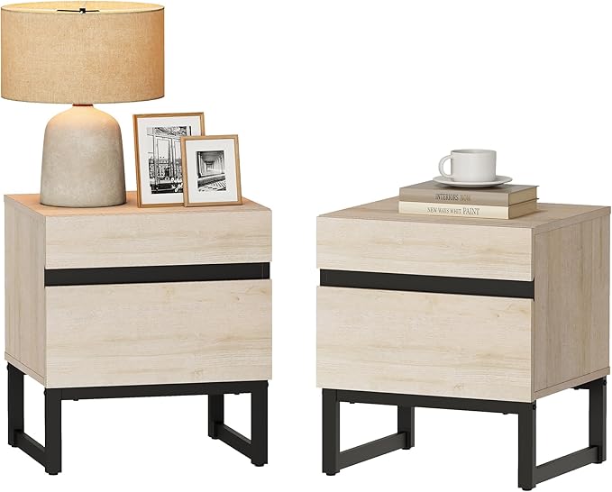 WAMPAT 2 Pack Modern End Table with 2 Drawers, Farmhouse Sofa Table with Black Square Iron Leg, Wood Rustic Side End Table for Living Room, Nighstand for Bedroom, Light Oak