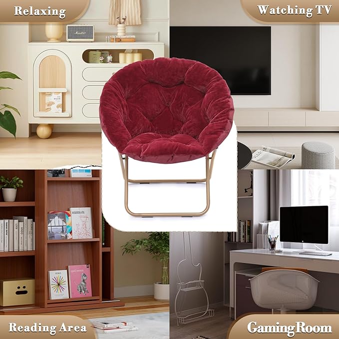 Athena Collection Saucer Chair with Ottoman Comfy Chair for Bed Room Living Room Folding Round Cozy Chair Faux Fur Metal Frame Foldable Lazy Chair Accent Chair Reading Chair, Red, Burgundy