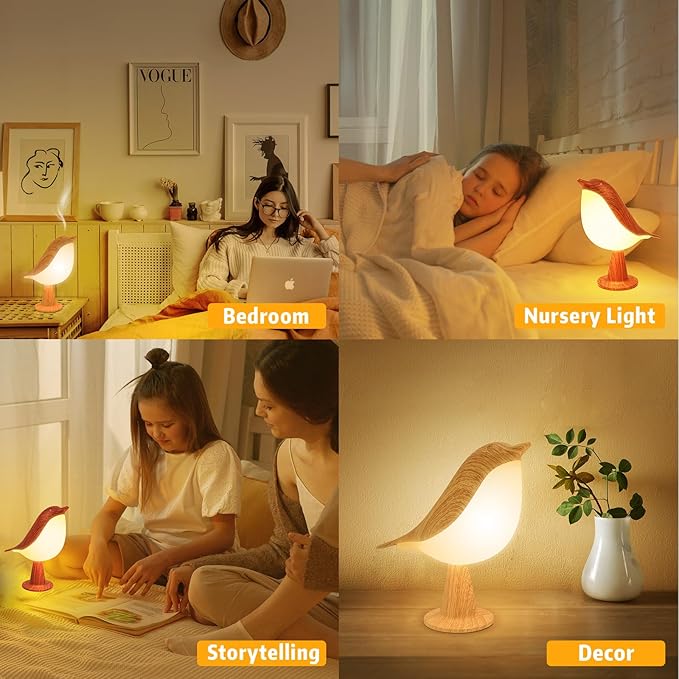 2 Cute Bird Lamps Combo,Small Bedside Lamps with 3 Color Temperature and Adjustable Brightness,Rechargeable Cordless Lamp for Bedroom Nightstand Bedside Table (Wood Tone + Red)