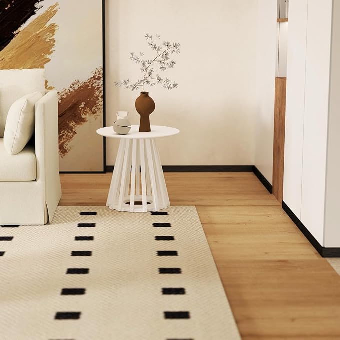 DUOMAY Modern Solid Round Side Table with Geometric Base, Natural Wood Accent End Table Center Table for Living Room, Bedroom, Lounge, Office, White Color