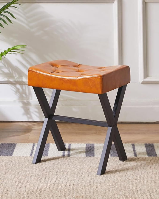 IBUYKE U-Shaped PU Vanity Stool, Square Makeup Chair with X-Leg, Ottoman Seat Footrest Stool, Multi-Use as Small Side Table, for Bedroom, Living Room, Light Brown WBD019J