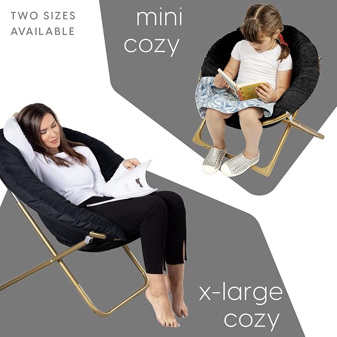 Milliard Saucer Chair For Adults, Teens & Kids, Black, Faux Fur XL Circle Chair for Bedroom, Dorm & Gaming, Foldable Comfy Accent Seat for Small Spaces, Folding Moon / Mushroom / Round Oversized Style