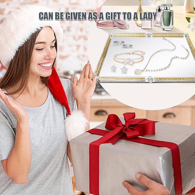 Large Mirror Perfume Tray for Dresser,Crushed Diamond Filled Glass Vanity Tray,Gold Decorative Bathroom Tray,Crystal Tray for Home Decorative,Party,Hotel Banquet,15.7x11.8x1.4inch,Gold