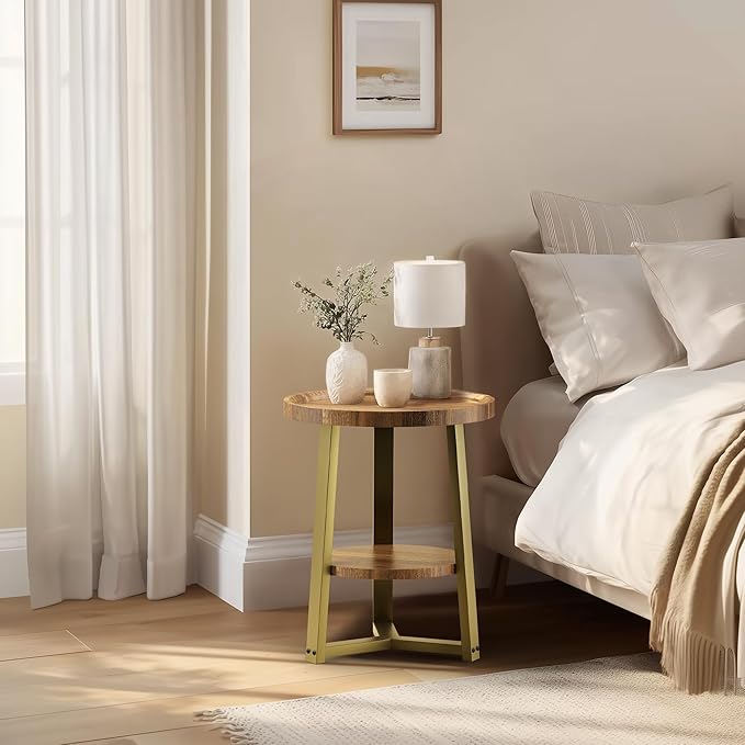 PPAMAPIC Round End Table, 2 Tier Side Table with Storage Shelf, Nightstand Accent Table for Living Room Bedroom Small Space, Golden Metal Frame, 15.7" D x 19.7" H, Rustic Brown